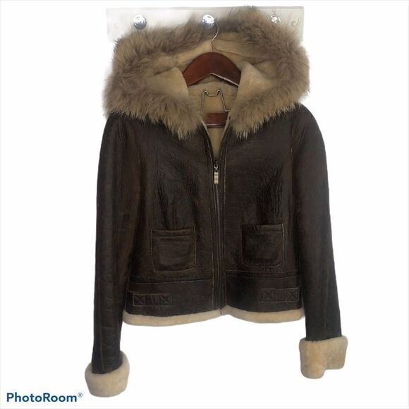 Blue Duck Leather Real Fur Bomber Coat Jacket M Brown Trim Medium